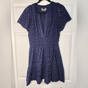 Anthropologie 96% Cotton Navy Eyelet V-Neck Mini Dress